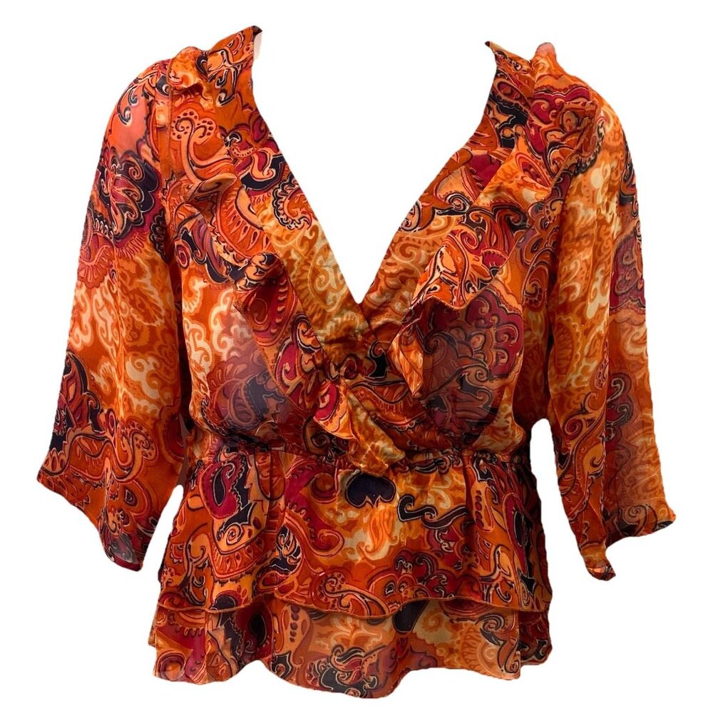 CINDY AMBUEHL QVC Womens Blouse Orange Ruffle Tie Waist Boho Sheer Sz XL NWT